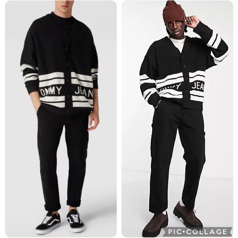 RARE Tommy Jeans Logo Stripe Relaxed Fit Black Knit Cardigan
